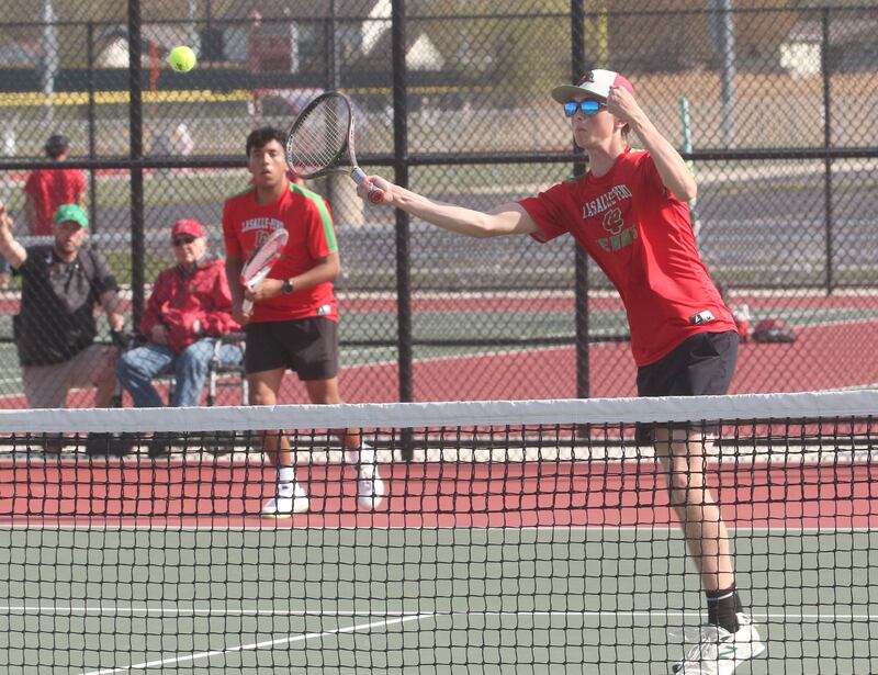 L-P number-one doubles team players Michael Milota and Danny Santoy, compete against Ottawa on Tuesday, April 22, 2025 at the L-P Athletic Complex in La Salle.