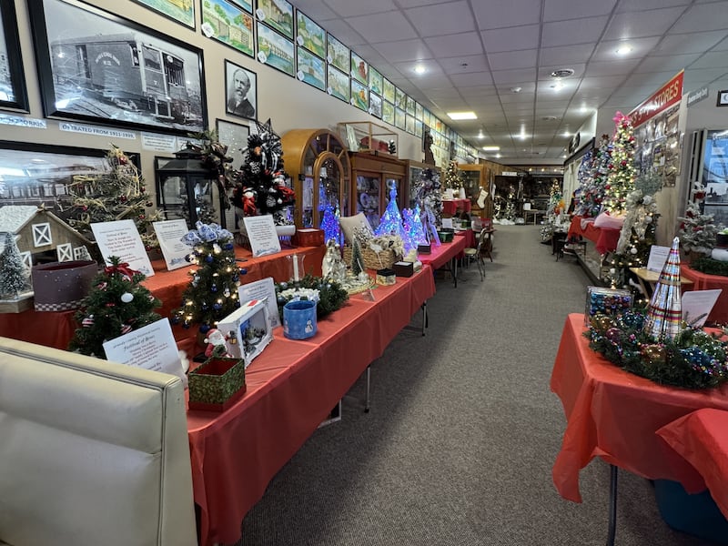 Some of the raffle and auction items available at the 30th annual Festival of Trees. Photo taken Friday, Nov. 11, 2025.