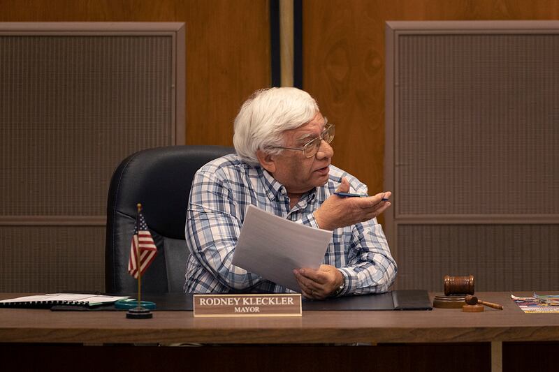 Rock Falls Mayor Rod Kleckler has a few words for council person Violet Sobottka Tuesday, Nov. 18, 2025, while discussing a vote on mayoral power.