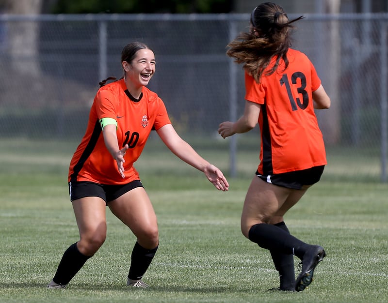 Crystal Lake Central's Addison Schaffer celebrates her goal with her teammates, Jordin Gaunaurd, during the IHSA Class 2A Crystal Lake Central Sectional final girls soccer match against Belvidere North on Friday, May 29, 2026, at Crystal Lake Central High School.