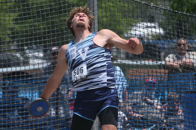 Bureau Valley's Landon Hulsing throws discus during the IHSA Class 1A Boys Track & Field State Finals on Saturday, May 31, 2025 at Eastern Illinois University in Charleston.