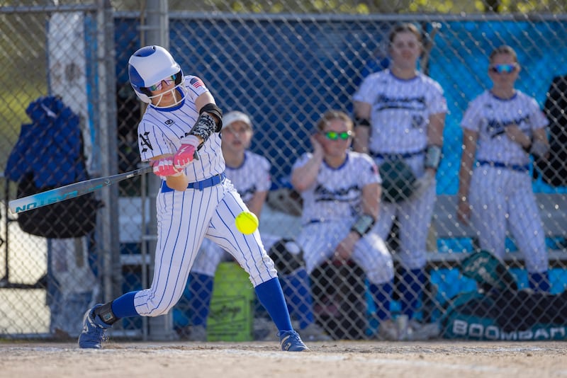 Adelaide Johnson of Newark High School connects with the ball for a fourth inning single against Serena during the game on April 29, 2025 at Newark High School.
