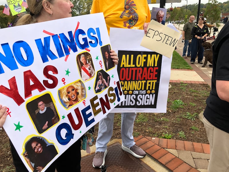 Between 500-600 people were estimated at the No Kings protest Saturday morning in Algonquin on Route 62, part of more than 2,500 rallies held across the country, according to organizers.