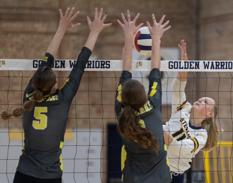 Sterling’s Kylie Shank hammers a spike against Galesburg Thursday, Oct. 16, 2025.