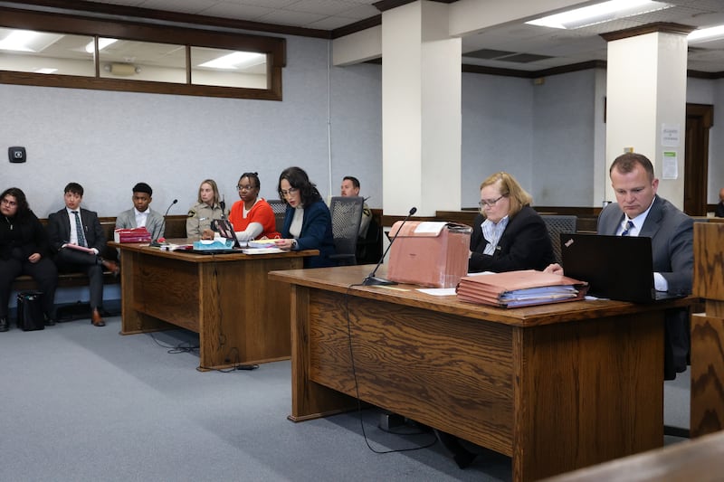 Kankakee County State's Attorney Jim Rowe, right, First Assistant Kankakee County State’s Attorney Carol Costello, second from right, and defensive attorney Cierra Norris, second from left, participate in court proceedings in Judge Kathy Bradshaw-Elliott courtroom on Friday, Feb. 13, 2026, ahead of the trial for Xandria Harris, left, beginning Feb. 23.