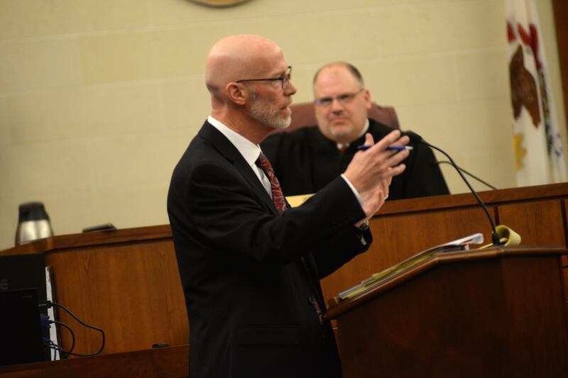 Ogle County State's Attorney Mike Rock cross examines a witness at the Matthew Plote trial as Judge John "Ben" Roe listens at the Ogle County Judicial Center in Oregon on Friday, March 22, 2024. Plote was found guilty of the first degree murder of Melissa Lamesch and her unborn baby on Nov. 25, 2020.