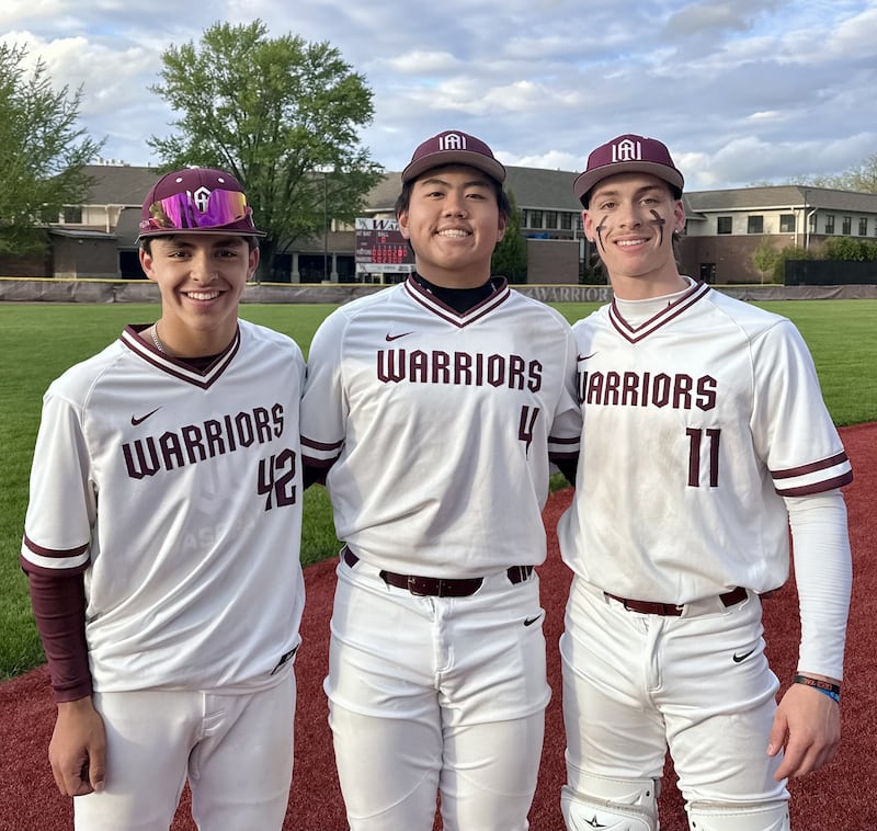Angelo Murrell (left) hit two singles, Lincoln Park (middle) fired a complete game with eight strikeouts and Eli Tate (right) smacked a two-run double in the first inning of Wheaton Academy's 10-2 victory over Aurora Christian.