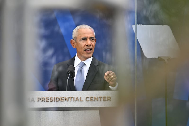 Former President Barack Obama speaks during the dedication ceremony for the Obama Presidential Center, Thursday, June 18, 2026, in Chicago. (AP Photo/Jon Cherry)