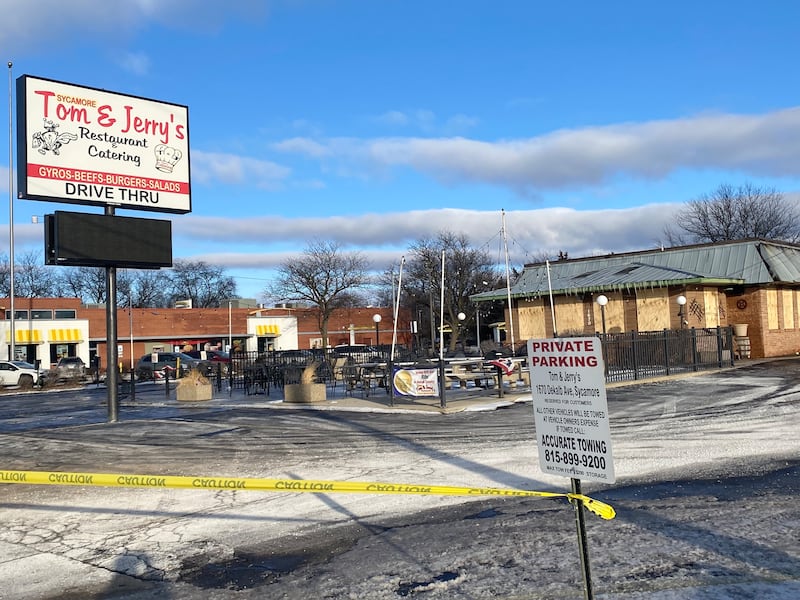 Police tape blocks the entrance to Tom and Jerry's restaurant, 1670 DeKalb Ave., Sycamore, after the building was destroyed by fire on Saturday, Jan. 31, 2026.