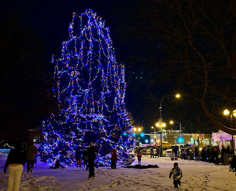 A holiday tree stands on the DeKalb County Courthouse lawn, lit up for the season with a little help from Santa Claus, Mrs. Claus and area children on Friday, Dec. 5, 2025, during the annual downtown Walk with Santa.