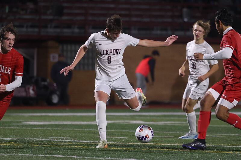 Lockport’s Jacob Hareza takes a shot against Hinsdale Central in the Class 3A Morton Supersectional on Tuesday, Nov. 5, 2024 in Cicero.