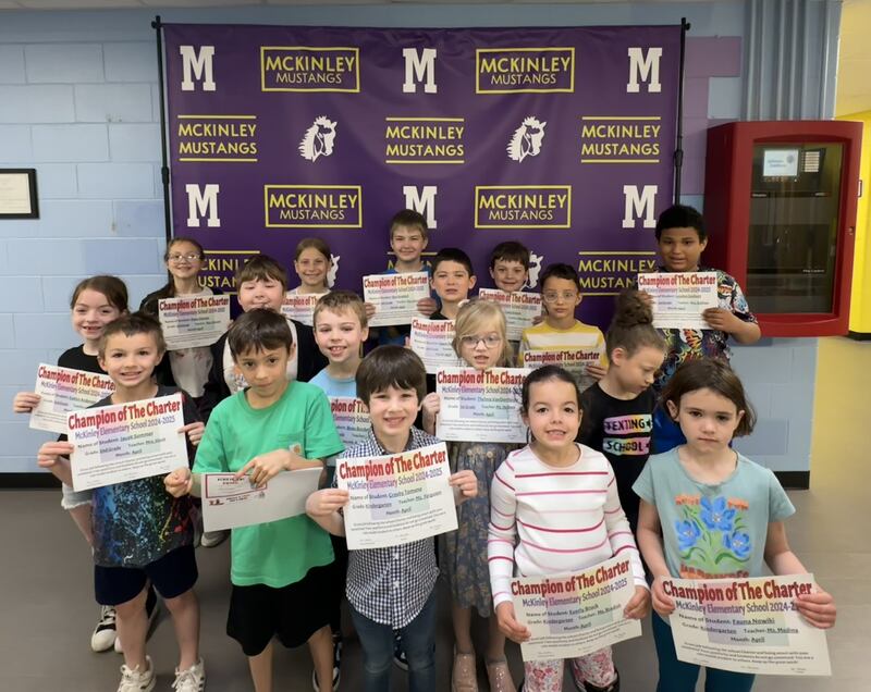 McKinley Elementary School's April Champions of the Charter are Everly B., Crosby T., Fauna N., Thelma V., Emerson H., Beau B., Roen S., Jacob S., Evelyn A., Caleb S., Wayne A., Owen D., Ben W., Piper S., Cierra G., Za'Kiya W., London G., and Emma L.