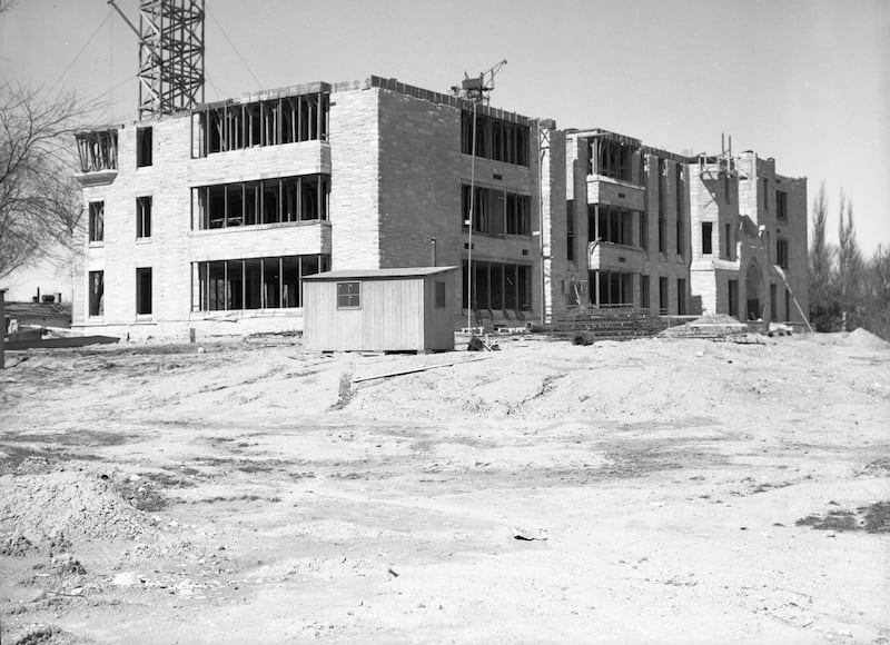 Swen Parson Library at Northern Illinois State Teachers College (now NIU) under construction, looking northwest, March 1942.