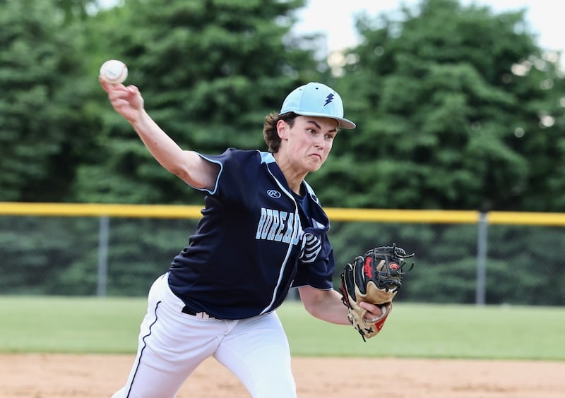 Bureau Valley's Logan Philhower fires a pitch in Thursday's regional semifinal game at Manlius. Orion won 6-0.