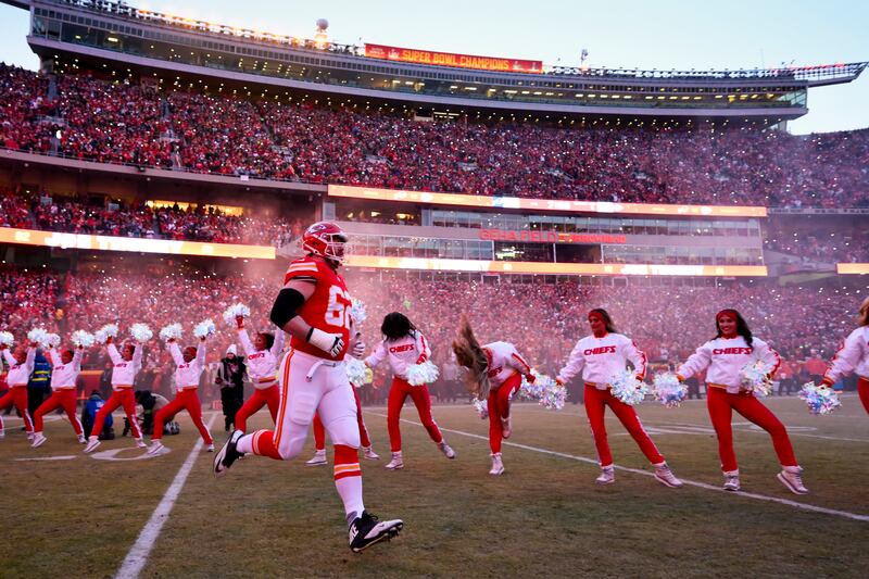 Kansas City Chiefs guard Joe Thuney comes onto the field during introductions before the NFL AFC Championship football game against the Buffalo Bills, Sunday, Jan. 26, 2025 in Kansas City, Mo. The Chiefs defeated the Bills by a score of 32-29. (AP Photo/Reed Hoffmann)