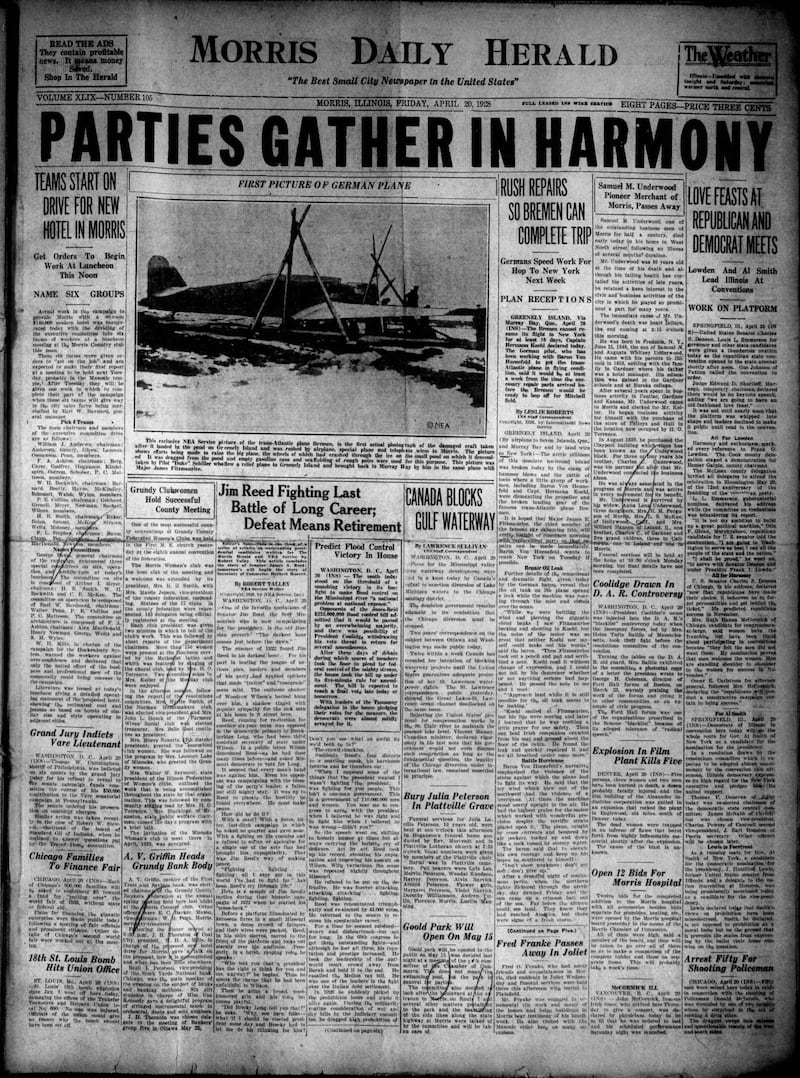 The cover of the Morris Daily Herald for April 20, 1928