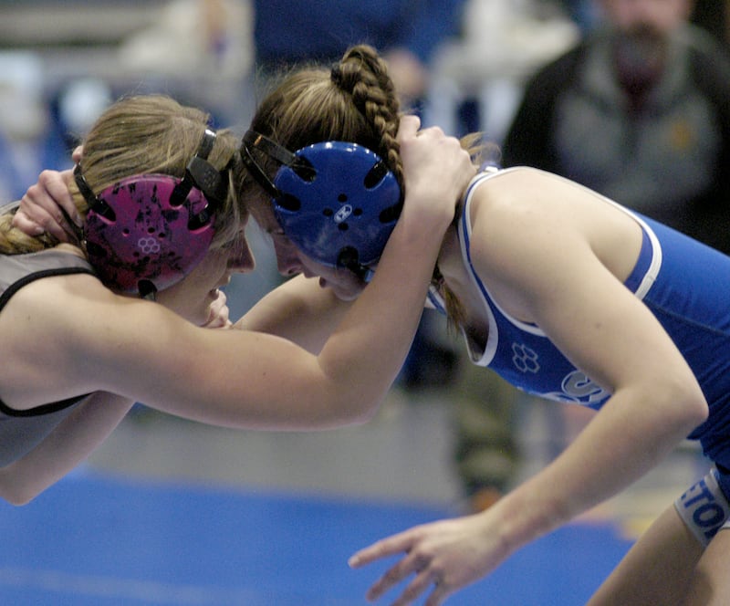 Jadeyn Klingenberg of Princeton and Emma Smith go head to head. Newman, Princeton and Lena-Winslow grappled at NHS. The meet took place on January 20, 2026.