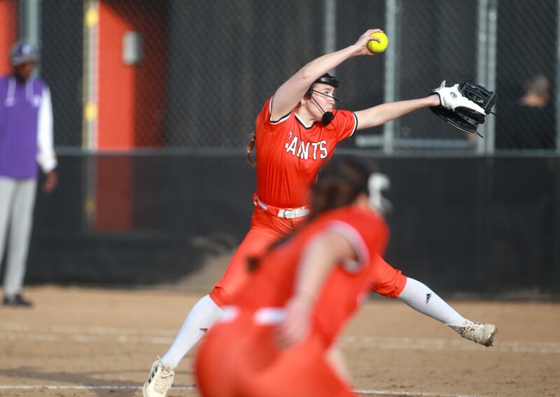 St. Charles East's Kyli Dunn pitches during a game against Downers Grove North on Friday, March 28, 2025 in St. Charles.