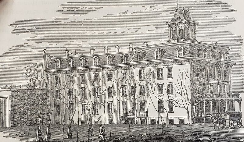 This drawing dates to 1878, showing the cupola atop the fifth story. The Nachusa House omnibus can be seen on the right, ready to shuttle guests to the railroad depots.