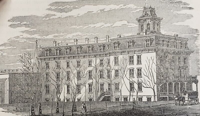 This drawing dates to 1878, showing the cupola atop the fifth story. The Nachusa House omnibus can be seen on the right, ready to shuttle guests to the railroad depots.