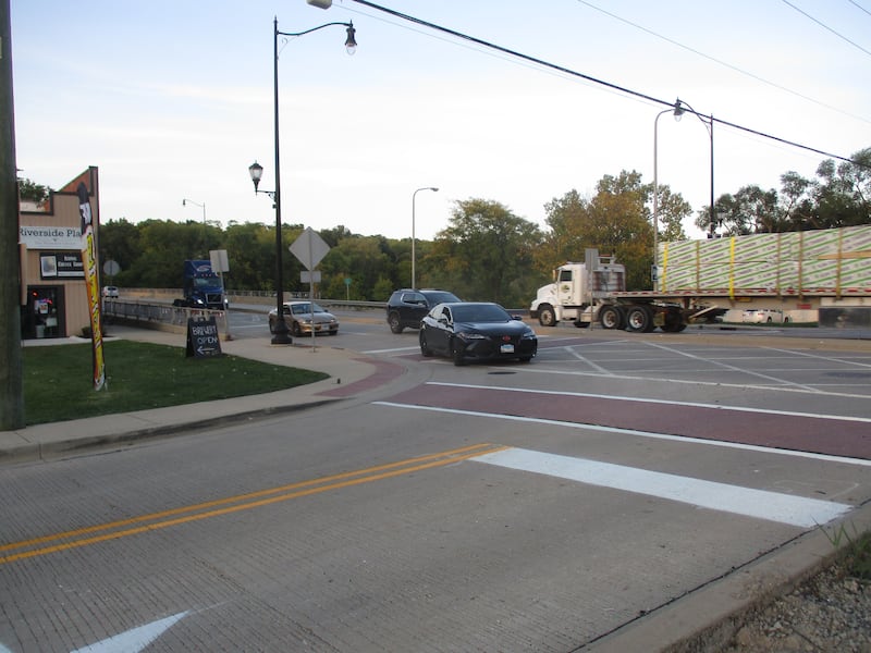 A car turns off Route 47 onto Hydraulic Avenue in downtown Yorkville in his view looking northeast.