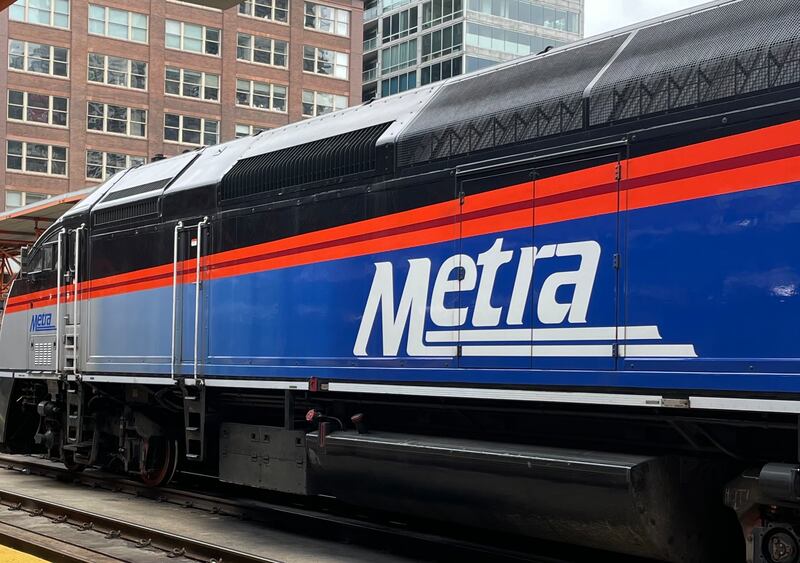 Metra train engine sits outside the LaSalle Street Station in Chicago.