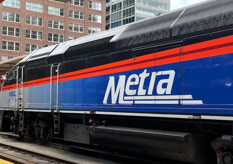 Metra train engine sits outside the LaSalle Street Station in Chicago.