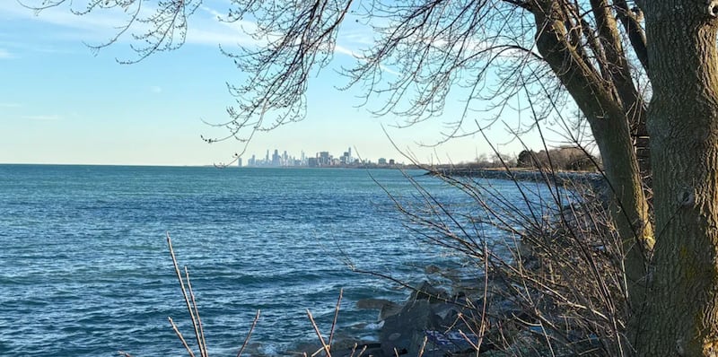 The Chicago skyline as pictured across Lake Michigan from Evanston
