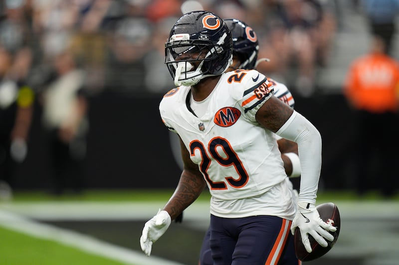 Chicago Bears cornerback Tyrique Stevenson (29) during an NFL football game between the Las Vegas Raiders and the Chicago Bears, Sunday, Sept. 28, 2025, in Las Vegas. (AP Photo/John Locher)