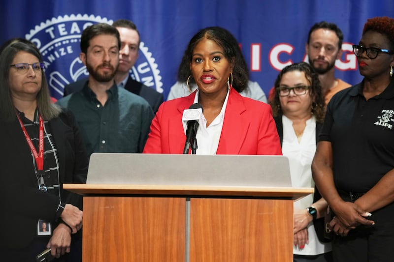 The Chicago Teachers Union (CTU) President Stacy Davis Gates speaks about Teachers Union to Announce Historic Contract Ratification Vote Results during news conference at CTU headquarters in Chicago, Monday, April 14, 2025. (AP Photo/Nam Y. Huh)