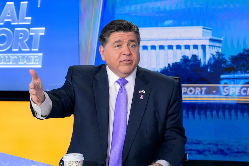 Illinois Gov. JB Pritzker speaks during a taping of FOX News Channel's Special Report with Bret Baier at the Washington bureau of FOX News, Thursday, Oct. 23, 2025, in Washington. (AP Photo/Rod Lamkey, Jr.)