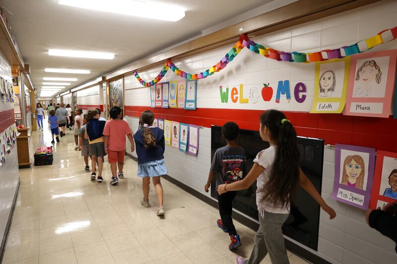 Bradley West Elementary School students walk the hallways to class on Sept. 3, 2025.