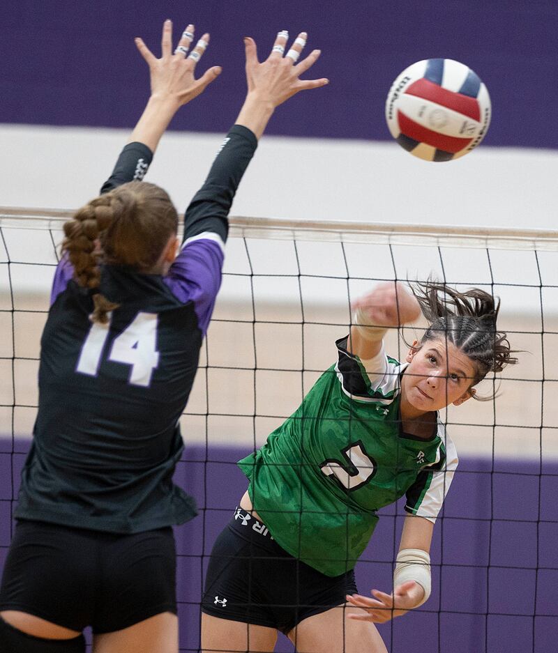 Rock Falls’ Kaltrina Lecaj hammers a shot against Dixon Thursday, Sept. 18, 2025.