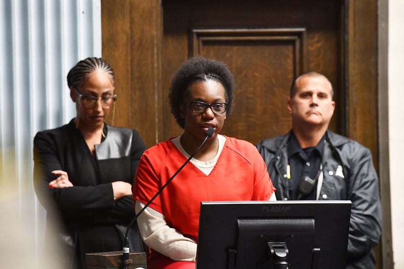 Xandria Harris and her attorney, Cierra Norris, address Kankakee County Circuit Judge Kathy Bradshaw-Elliott in court on Sept. 23, 2024, at the Kankakee County Courthouse.