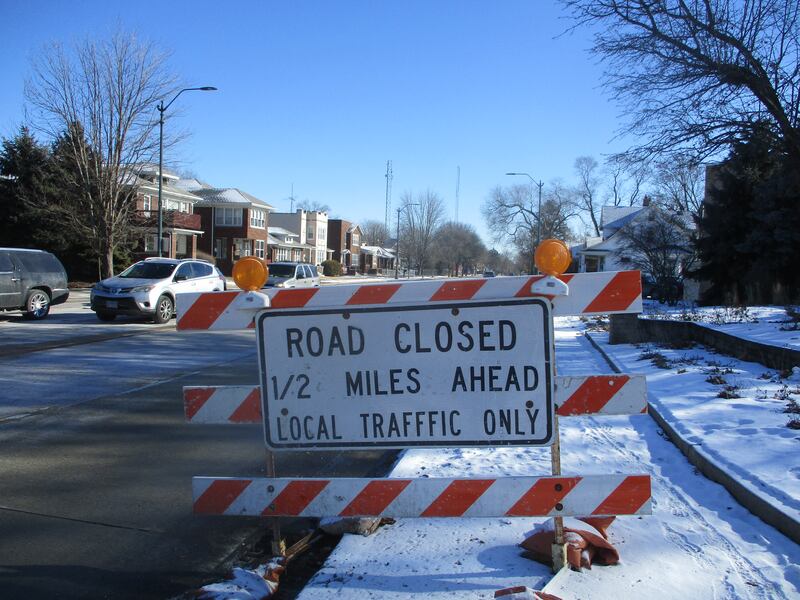 Sign posted at Six Corners notifies motorists in Joliet that a section of U.S. Route 30 heading into downtown remains closed as a water main project that was started last year continues into 2025. Jan. 23, 2025