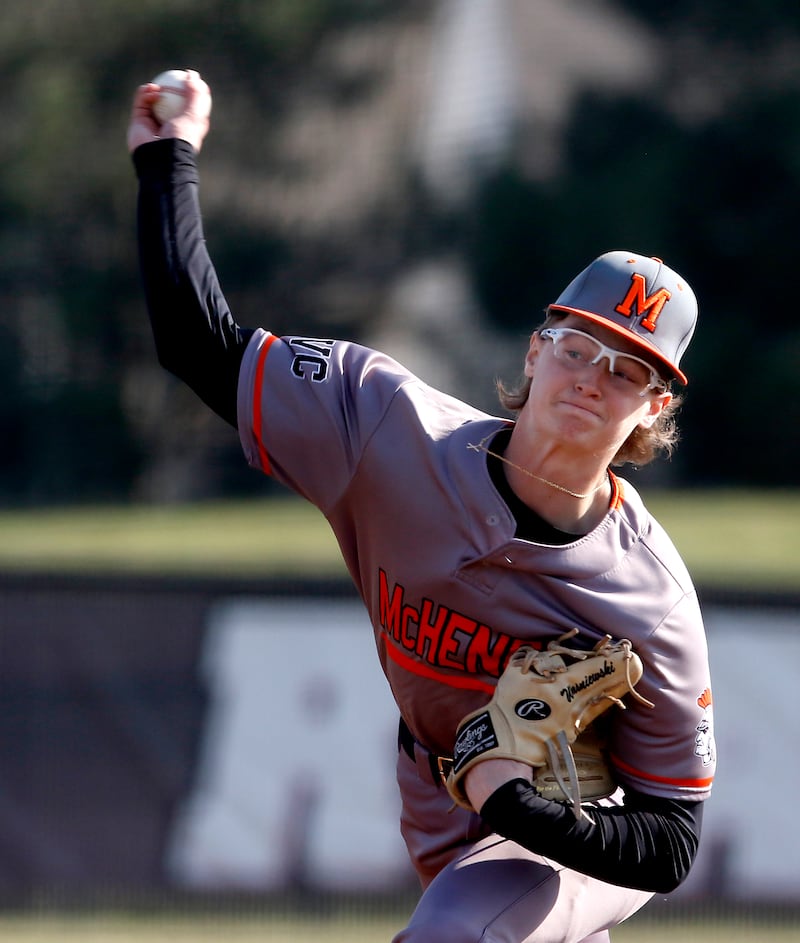 McHenry’s Kaden Wasniewski throws a pitch during a Fox Valley Conference baseball game against Huntley on Friday, April 11, 2025, at Huntley High School.