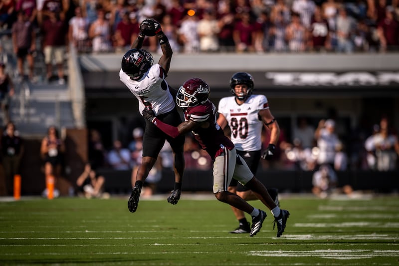 NIU wide receiver De'Aree Rogers makes a catch against Mississippi State in the Bulldogs' win over the Huskies on Saturday, September 20, 2025 in Starksville, Mississippi.