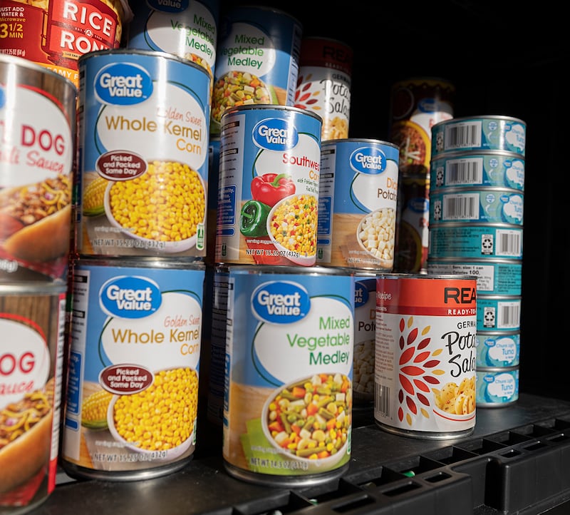 Food items sit on a shelf Tuesday, Jan. 13, 2026, at the free little pantry outside of Redline Performance in Sterling. The business is located at 1608 E. Third Street in Sterling.