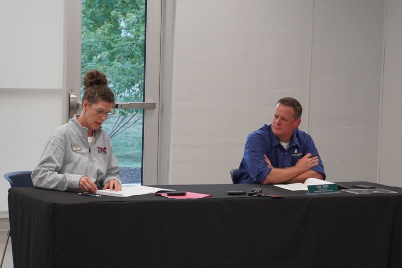 Flagg-Rochelle Community Park District Executive Director Jackee Ohlinger (left) and Commissioner Dale Wells participate in the board's Sept. 15, 2025 meeting.