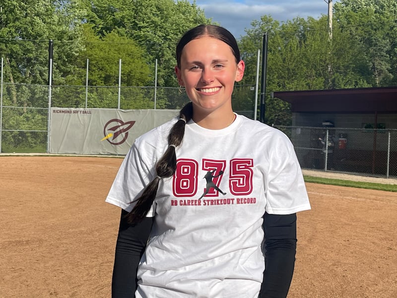 Richmond-Burton's Hailey Holtz struck out 17 and became the Rockets' all-time leader in strikeouts Thursday, May 22, in a Class 2A Richmond-Burton Regional semifinal win against Marian Central.