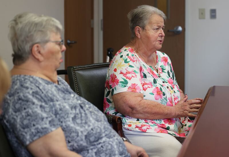 Jennifer Losselyoung, (right) 80, a resident of Heritage Woods of DeKalb, talks about Medicaid Monday, July 14, 2025, at the assisted living facility, and what cuts to the program could mean to seniors.