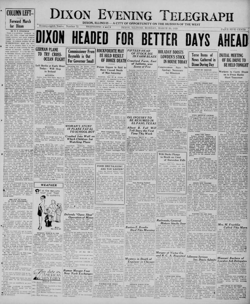 The cover of the Dixon Evening Telegraph for March 26, 1928