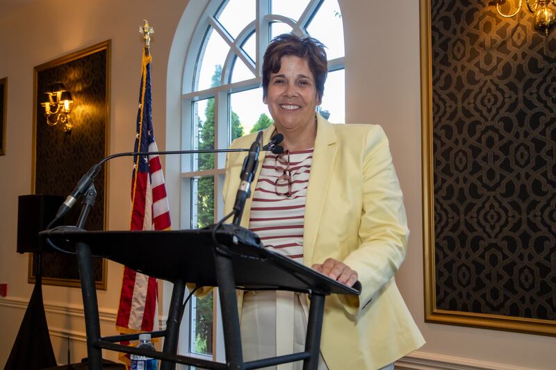 Will County Executive Jennifer Bertino-Tarrant greets attendees at the Will
County Center for Economic Development (CED) Eye-Opener Breakfast on June 26, 2025.