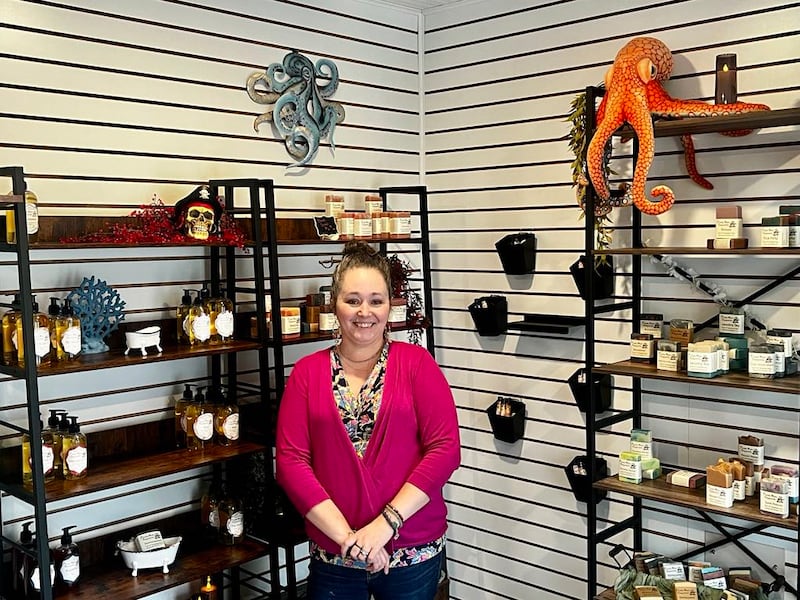 Crystal Boehm stands ready to greet customers at her business, Pirate Mom Soapworks, located at the Shoppes at Grandon Plaza in Sterling, Illinois.
