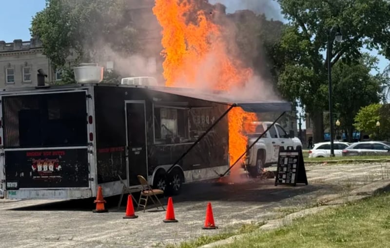 Flames engulf the food trailer used by Brother George's BBQ in Kankakee on Thursday, June 4, 2026.