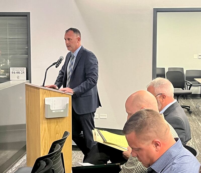 Yorkville School District Superintendent Matt Zediker addresses the Yorkville City Council on April 8 about the district needing to collaborate with the city regarding new residential developments adding more students into the district.