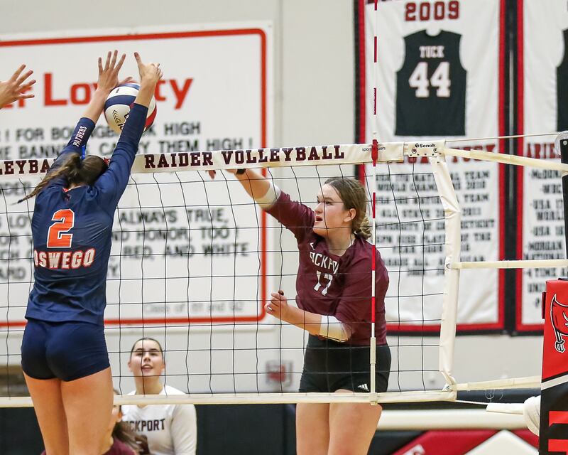 Lockport's Bridget Ferriter (17) spikes the ball during Class 4A Bolingbrook Sectional final match between Lockport at Oswego.  Nov 7, 2024  in Bolingbrook.