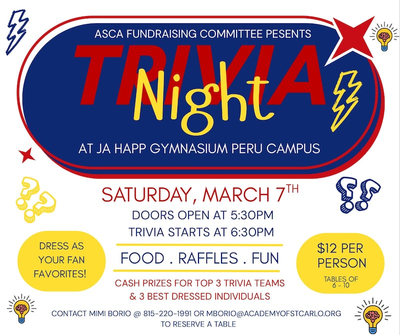 Support the Academy of St. Carlo Acutis at a trivia night Saturday, March 7, 2026, at the JA Happ Gymnasium, Peru.