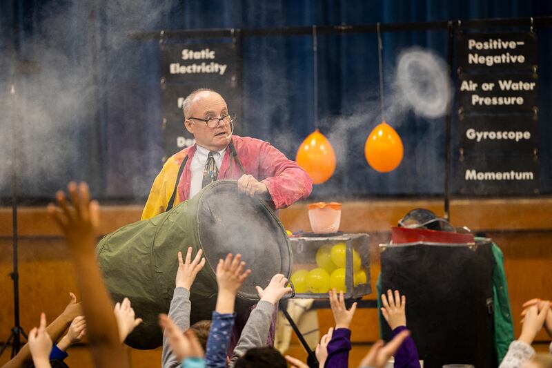 Steve Belliveau fires off smoke rings Friday, March 7, 2025, during his “Getting Excited About Science” program held at Madison School. The school was celebrating the end of the quarter with an hour of science fun.