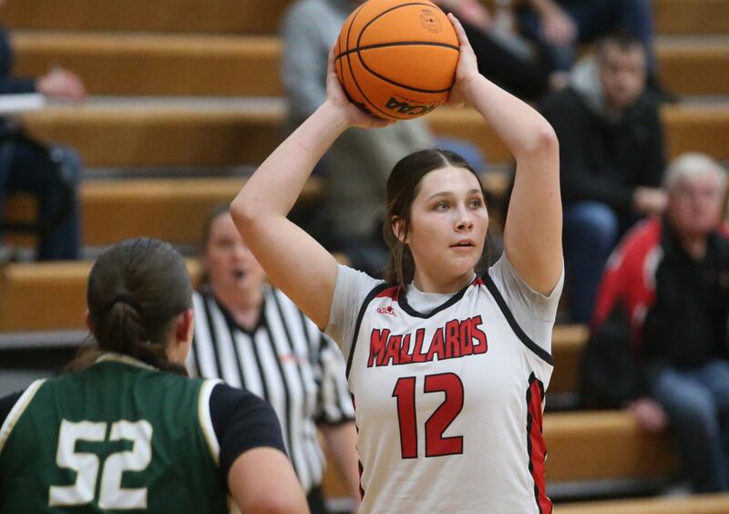 Henry-Senachwine's Kaitlyn Anderson looks to pass the ball away from St. Bede's Ava Balestri on Thursday, Jan. 30, 2025 at Henry-Senachwine High School.